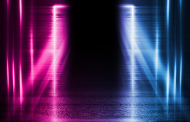 Empty background scene. Dark street, reflection of blue and pink neon light on wet pavement. Neon shapes. Rays of light in the dark, smoke. Abstract dark background.