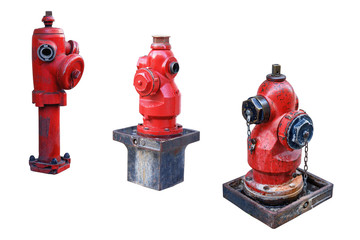 three old street fire hydrants to extinguish a fire isolated on white background