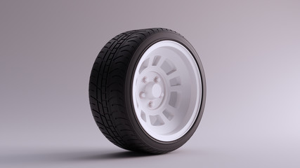 White Alloy Rim Wheel Retro Wheel with a Semi Closed Design with Racing Tyre 3d illustration 3d render