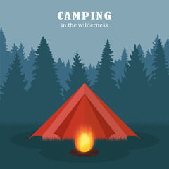 camping in the wilderness red tent in forest with campfire vector illustration EPS10