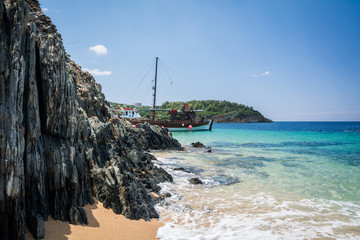 Neos Marmaras, Halkidiki, Greece - June 29, 2014: Tourist ship near the island in good sunny...