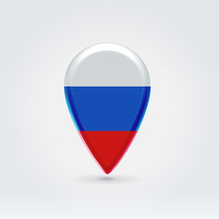 Glossy colorful Russian map application point label symbol hanging over enlightened background.