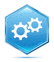 Settings process icon crystal blue hexagon button
