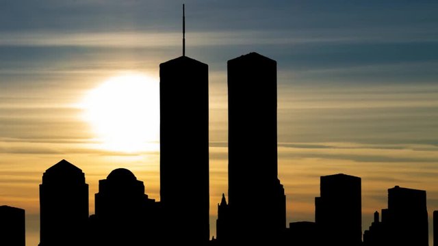 Twin Towers at Sunset, destroyed in 2001 during the September 11 attacks,  Manhattan, New York City, United States