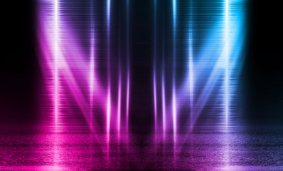 Empty background scene. Dark street, reflection of blue and pink neon light on wet pavement. Neon shapes. Rays of light in the dark, smoke. Abstract dark background.