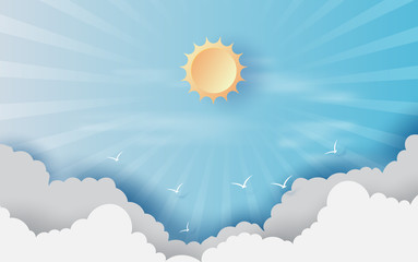 Paper cut and craft of Background with clouds on blue sky.Landscape for sunlight on cloudscape.Summer season Hot concept.Summer time is rays. Creative design paper art style.vector.illustration. EPS10