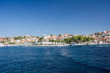 Neos Marmaras, Halkidiki, Greece - June 29, 2014: View of the city Neos Marmaras from the sea