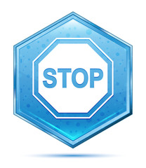 Stop sign icon crystal blue hexagon button