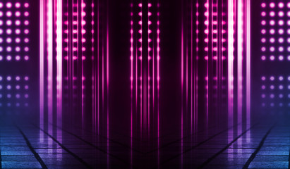 Empty background scene. Dark street, reflection of blue and pink neon light on wet pavement. Neon shapes. Rays of light in the dark, smoke. Abstract dark background.