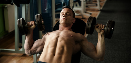 phisique fitness competitor works out in gym lifting dumbbells