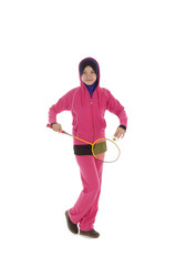 Fitness, young muslimah, sport woman playing badminton on playground for leisure time activities