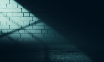 Empty scene background. Incident light from a window on an empty brick wall. Dark abstract background