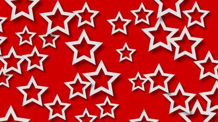 Abstract illustration of randomly arranged white stars with soft shadows on red background