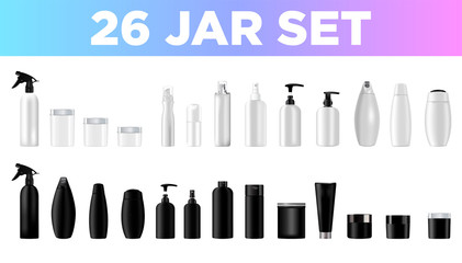 Set vector blank templates empty and clean blackand white plastic and glass containers:  bottles with spray, dispenser and dropper, cream jar, tube.  Realistic mockup of cosmetic package. #7.
