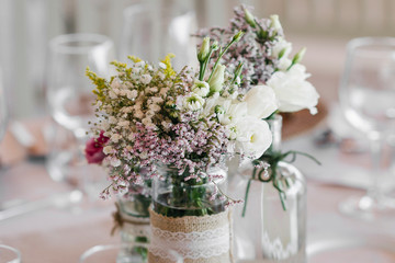 flowers arrangement and decoration rustic interior design in wedding table