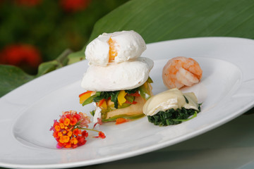 Shrimp mousse with vegetables.