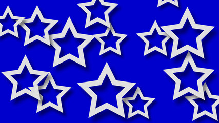 Abstract illustration of randomly arranged white stars with soft shadows on blue background