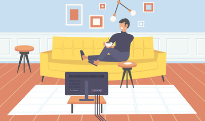 man sitting on couch watching tv guy drinking coffee having fun contemporary living room interior home modern apartment design flat horizontal full length