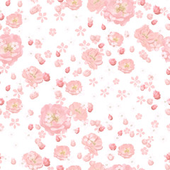 Beautiful floral vector seamless pattern. Pink roses and small white flowers on white background. Template for textile, wallpaper, print, carton, banner, ceramic tile, card.