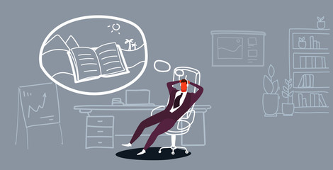 businessman sitting at workplace desk listening audio book through headphones business man relaxing modern office interior full length sketch doodle horizontal