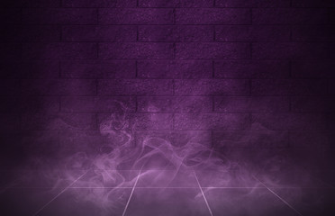 Empty scene background. Background of old brick wall, neon spotlight, fog. Dark purple abstract background
