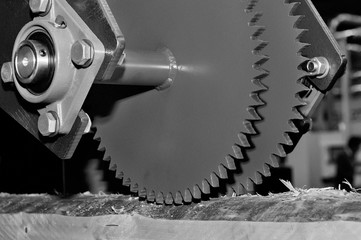 Industrial woodworking machine with circular saw disk. Toned image