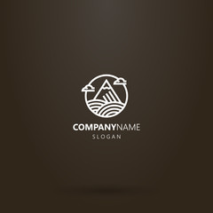 white logo on a black background. simple vector geometric line art round logo of mountain with snow peak and clouds around
