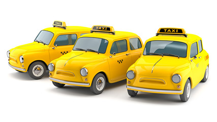 Naklejka na ściany i meble 3d illustration of a group of vintage yellow taxis isolated on a white background.