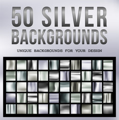Obraz premium 50 unique silver backgrounds. Silvery glossy fabric with shimmery metallic colors. Vector illustration