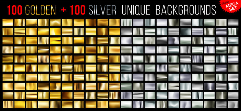 Mega set of 200 unique silver and gold backgrounds. Silvery and golden glossy fabric with shimmery metallic colors. Vector illustration