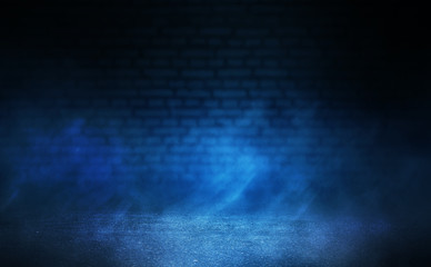 Empty scene background. Background of blurred old brick wall, neon spotlight, fog