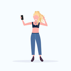 blonde woman taking selfie photo on smartphone camera female cartoon character posing on white background flat full length