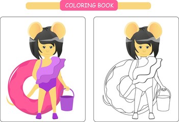 Coloring book for kids. Black and white cute cartoon rat. Vector illustration.