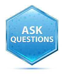 Ask Questions crystal blue hexagon button