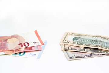 American euro and dollars banknotes for business design. Cash money various currency paper bills on white background.