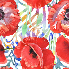 Red poppy floral botanical flowers. Watercolor background illustration set. Seamless background pattern.