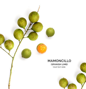 Creative layout made of mamoncillo. Flat lay. Food concept. Spanish lime on white background.