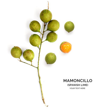 Creative layout made of mamoncillo. Flat lay. Food concept. Spanish lime on white background.