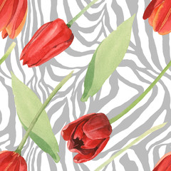 Red tulip floral botanical flowers. Watercolor background illustration set. Seamless background pattern.
