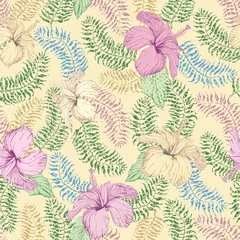 Fotobehang Craquelured seamless pattern with green, violet, beige and blue stylized palm leaves and big hand drawn violet tropical Hibiscus flowers on a light beige background. Tropical wallpaper, batik paint © L. Kramer