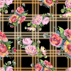 Peony bouquet floral botanical flowers. Watercolor background illustration set. Seamless background pattern.