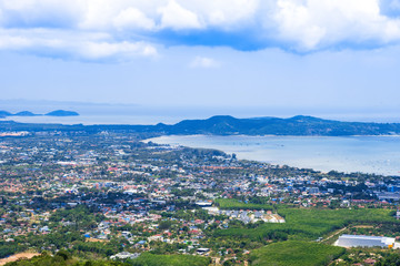 Fototapeta na wymiar Panoramic view landscape and cityscape of Phuket City at Rang Hill in Phuket, Thailand.