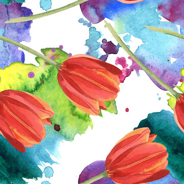 Red tulip floral botanical flowers. Watercolor background illustration set. Seamless background pattern.