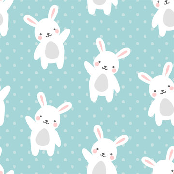 Rabbit Seamless Pattern Background, Scandinavian Happy bunny raccoon with dot for baby. cartoon rabbit bears vector illustration for kids nordic background