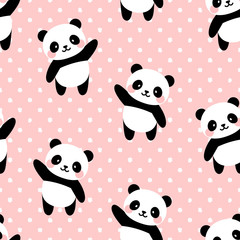Panda Seamless Pattern Background, Scandinavian Happy cute panda with dot for baby. cartoon panda bears vector illustration for kids nordic background