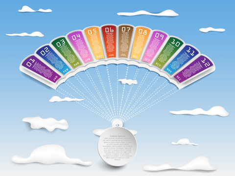Modern business parashute shape process chart infographics template. Vector banner used for presentation. Abstract infographic with parashute shape and cloudy blue sky concept. Vector EPS10