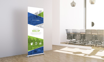 mock up of awesome design roll up at office workplace