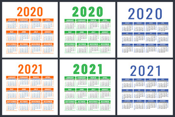 Calendar 2020 and 2021 set. English vector design. Week starts on Sunday. Square calender design template. Orange, green, blue colors