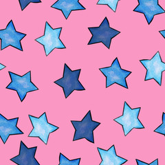 Fototapeta premium Pattern with watercolor stars in blue on a pink background