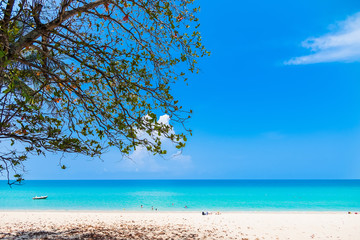 Fototapeta na wymiar Summer seascape on tropical Phuket island in Thailand. Landscape taken on main long sunrise beach with blue sky and white sand.
